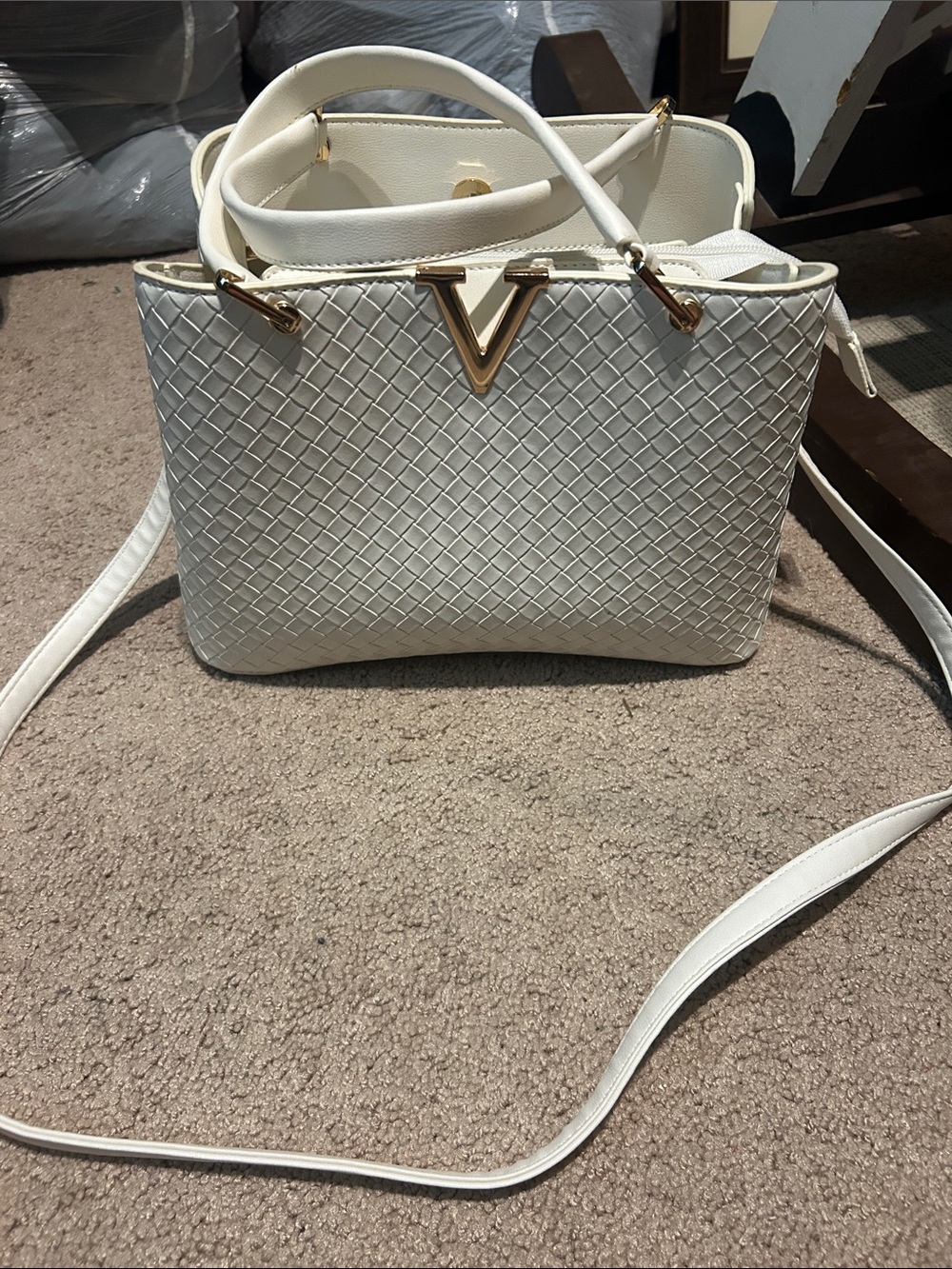 Woven White Crossbody Bag with Gold V Accent